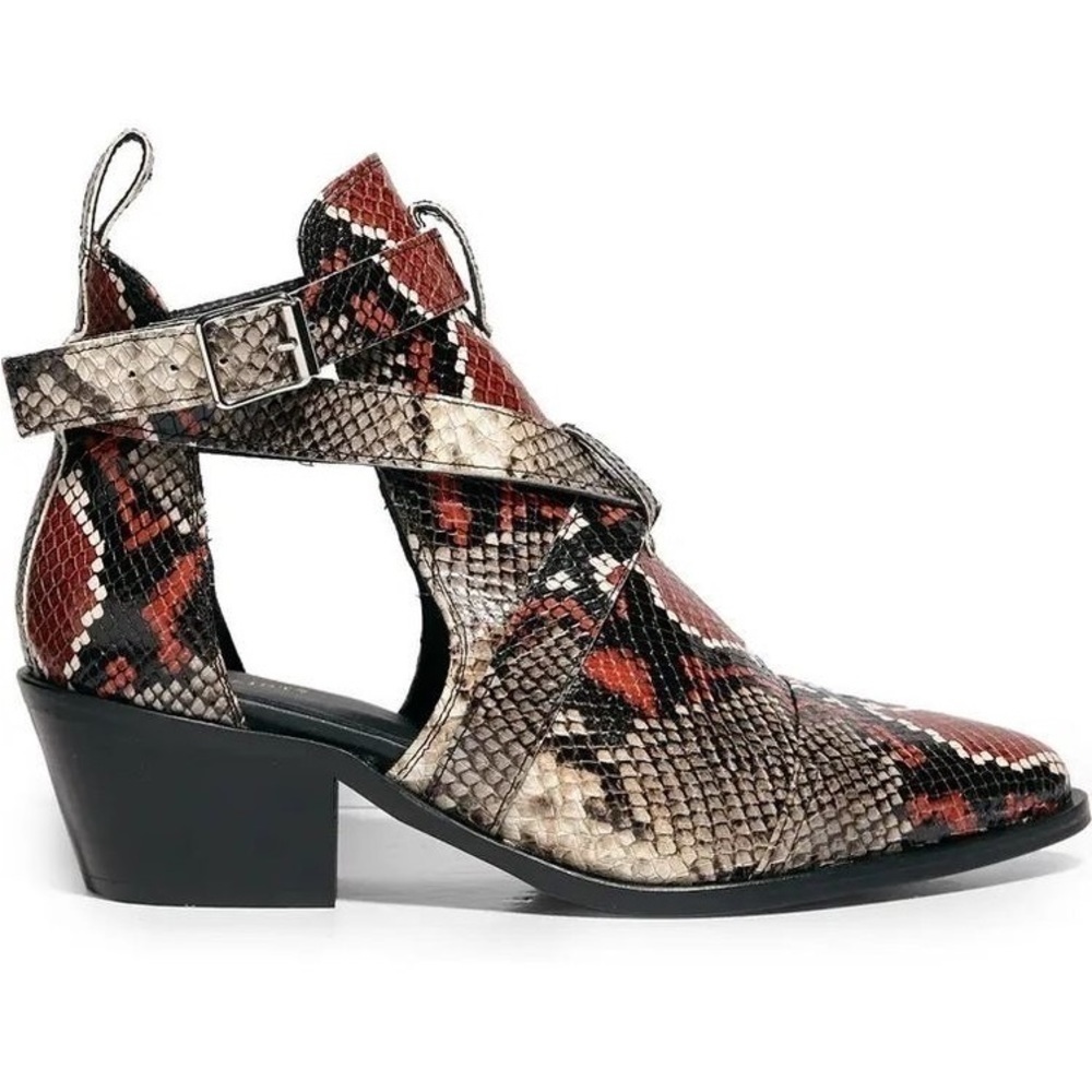 AllSaints Boot Darcy Pointed Toe Ankle Leather Heeled Cutout Red Snake 38‎ NIB